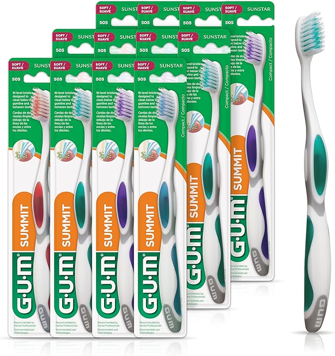 GUM Summit+ Soft Toothbrush Ultra Fine Tapered Bristles for More Effective Plaque Removal Extra Soft Toothbrushes for Adults 12 Count
