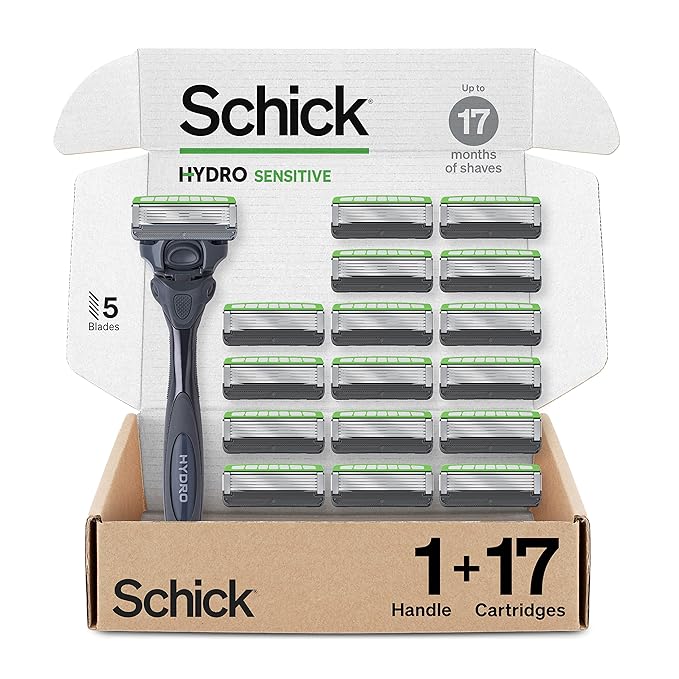 Schick Hydro Sensitive Razors for Men | 5-Blade Mens Razors for Shaving 1 Mens Razor Handle with 17 Razor Blades Refills