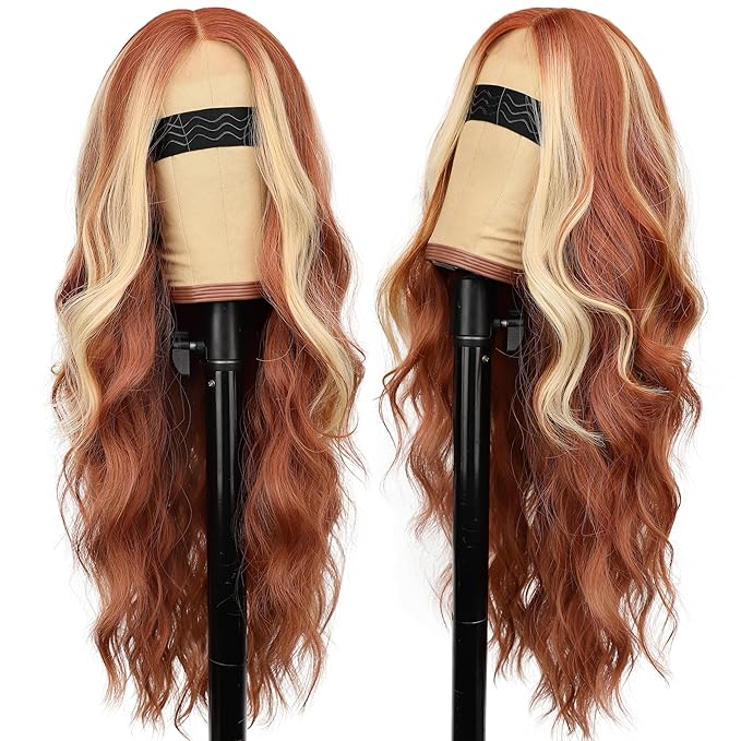 AISI HAIR Ginger Mixed Blonde Wig for Women Long Wavy Lace Hairline Middle Part Synthetic Wig for Daily Party-26 Inch