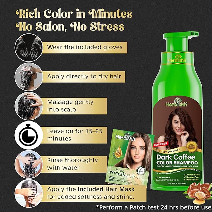 Herbishh Dark Coffee Hair Color Shampoo - 3-In-1 Magic Dye for Gray Hair 500 Ml + Essential Flower Hair Oil - Organic Formula for Dry Damaged Hair 60 ML