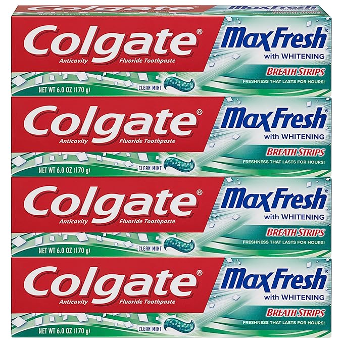 Colgate Max Fresh Whitening Toothpaste with Breath Strips Clean Mint 6 Ounce Tube 4 Pack