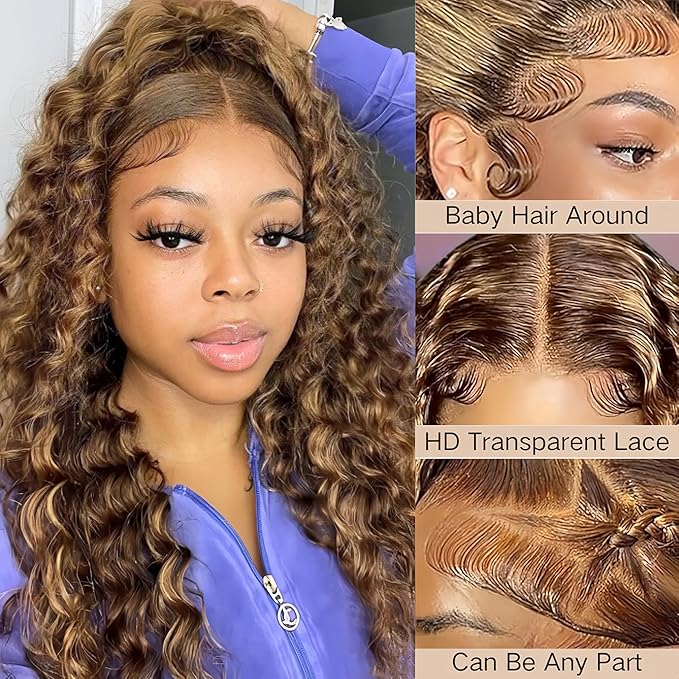 4/27 Deep Wave Human Hair Wig Highlight Ombre Color 13x4 HD Transparent Lace Front Wig 200 Density Pre-Plucked Hairline with Baby Hair Glueless for Women 32 Inch