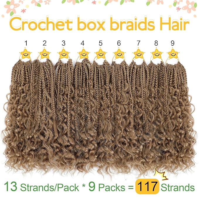 Fulcrum Goddess Box Braids Crochet Hair 12 Inch9 Packs Crochet Boho Box Braid for WomenPre-looped Bohemian 3X Braids Hair with Curly Ends(12Inch 27#)