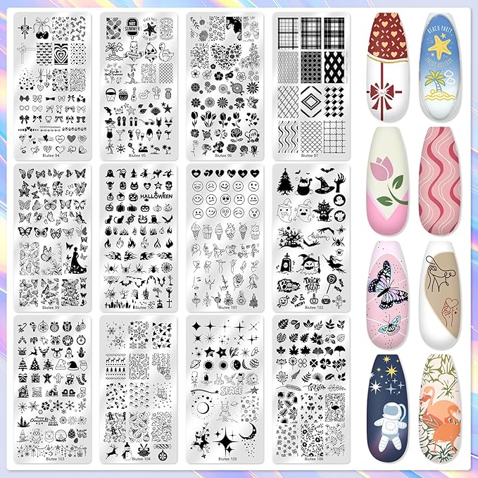 Biutee Nail Stamper Kit 12Pcs Nail Art Stamping Plate 8 Colors Stamp Polish Gel with Top Coat and Base Coat Set Silicone Stamper Scraper Nail Stamp Plates Love Flower Butterfly Leaf Christmas Design