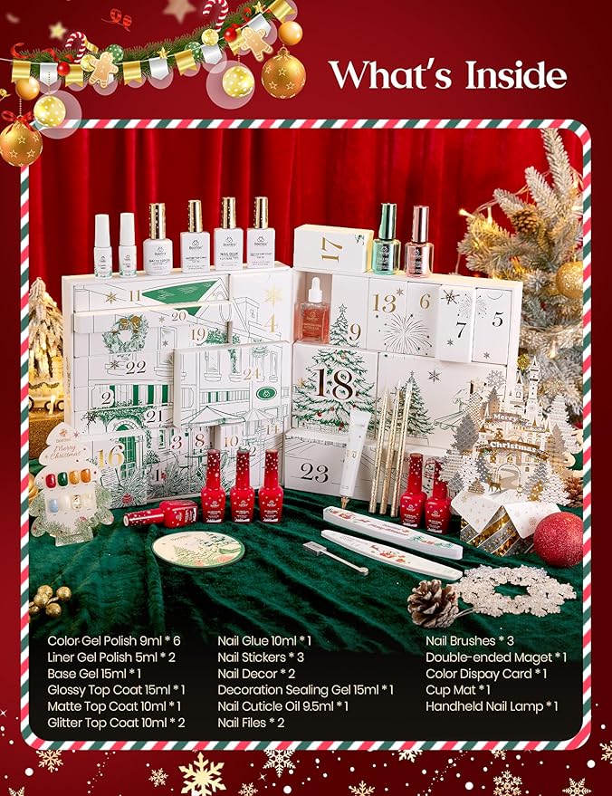 beetles Gel Polish Merry Glitzmas 2025 Christmas Advent Calendar ? 24 Days Christmas Countdown Nail Art Set with Mini LED Nail Lamp Base Top Coat and Festive Holiday Surprises Gifts for Women Girls