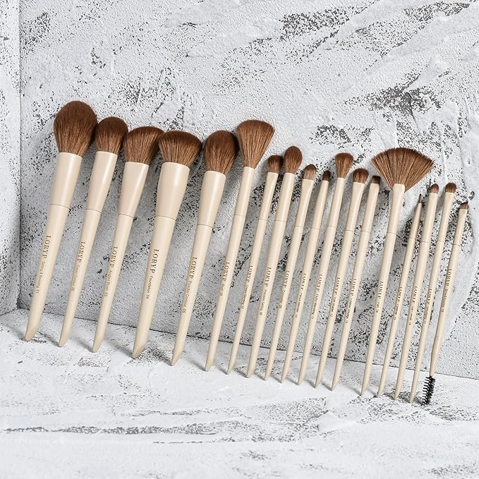 LORYP 18 Piece Makeup Brushes Set Labeled Face and Eye Brush Set Complete with Foundation Concealer Contour Blending Blush Eyeshadow Brushes with Travel Holder Case