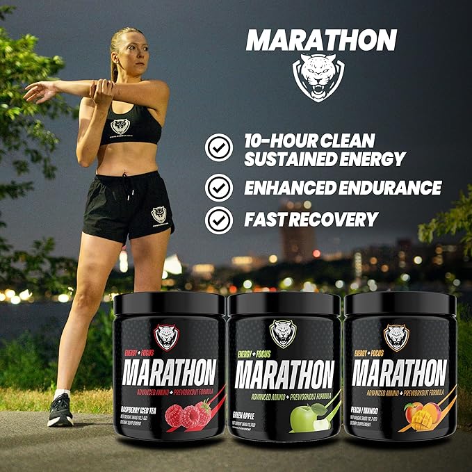 6AM Run Marathon | Running Supplements for Endurance &amp Stamina | Amino Energy with BCAAs for a Clean Pre Running Fuel | No Jitters | Marathon Essentials | Raspberry Iced Tea | 40 Servings
