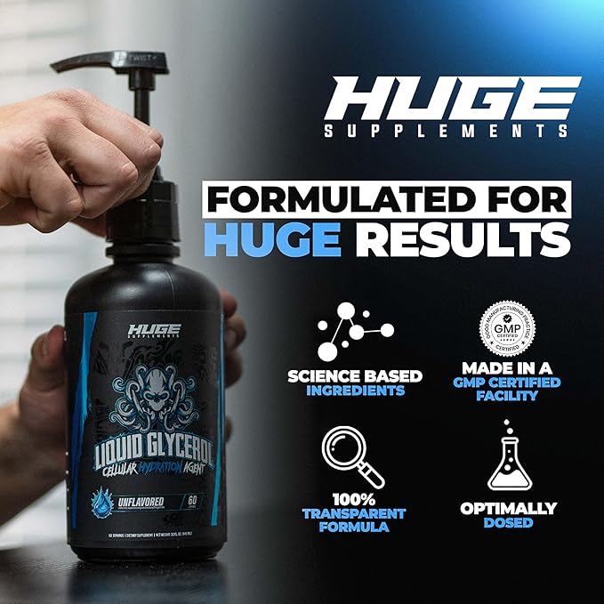 Huge Supplements Liquid Glycerol Supplement Enhances Muscle Pumps Increases Muscle Fullness Boosts Endurance Cellular Hydration Agent Clean &amp Convenient Pump Top Unflavored (60 Servings)