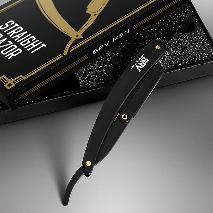 BRV MEN Professional Straight Edge Barber Razor w/ 100 Single Edge Razor Blades | Straight Razors for Men | Barbershop Accessories | Mens Shaving Knife &amp Shavette - Black