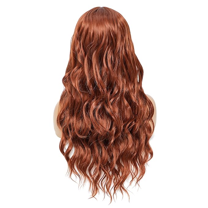 SWACC Long Curly Wavy Wig with Bangs Synthetic Hair Wig for Women with Wig Cap (Dark Copper Red)