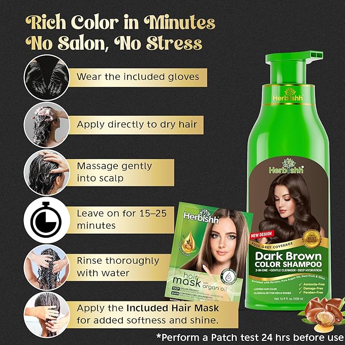 Herbishh Hair Color Shampoo - Magic Dye for Gray Hair Lasting Color in Minutes - 500 Ml 3-In-1 Ammonia-Free (Dark Brown)
