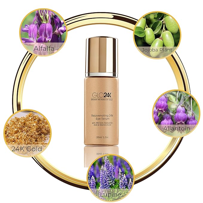GLO24K Eye Serum with 24k Gold Hyaluronic Acid and Vitamins ACE. Potent Formula for the delicate skin around the eyes.