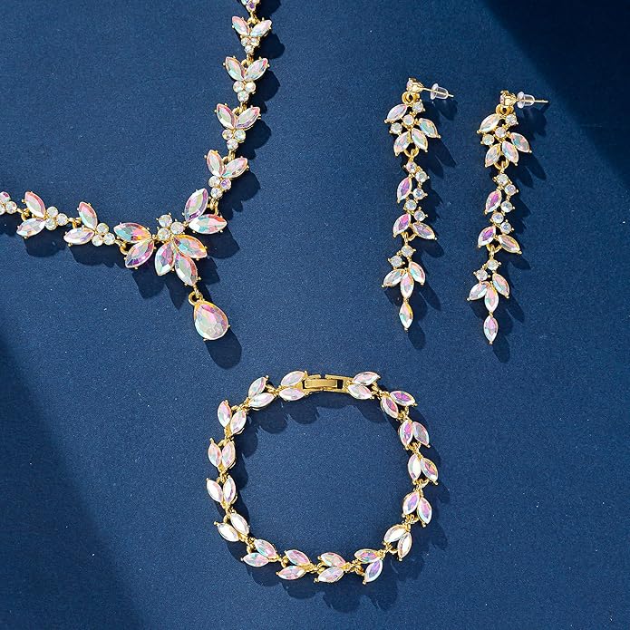 Wedding Jewelry Sets for Bride Bridesmaid Bridal Jewelry Set for Women Wedding Crystal Necklace Earrings Bracelet Set for Party Prom Jewelry