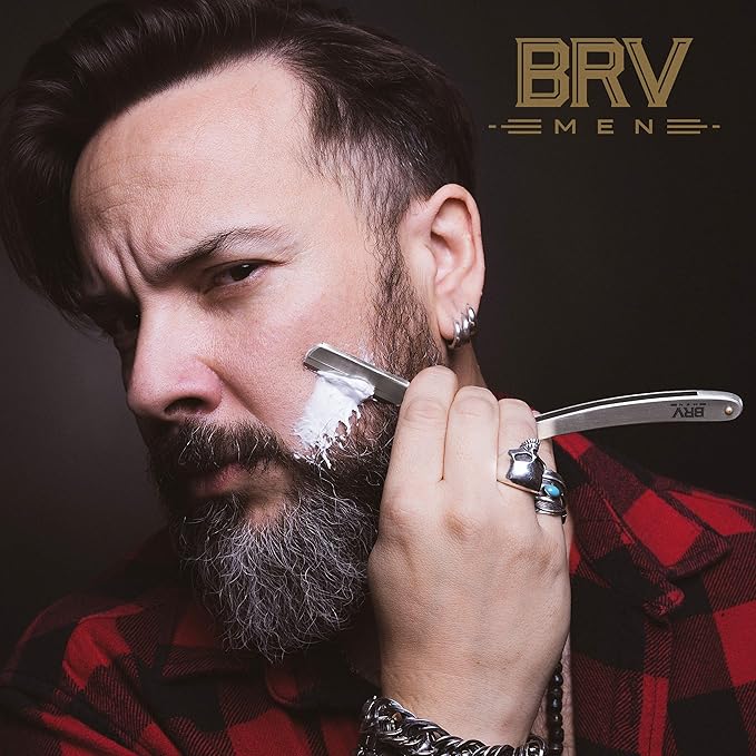 BRV MEN Professional Straight Edge Barber Razor w/ 100 Single Edge Razor Blades | Straight Razors for Men | Barbershop Accessories | Mens Shaving Knife &amp Shavette - Silver