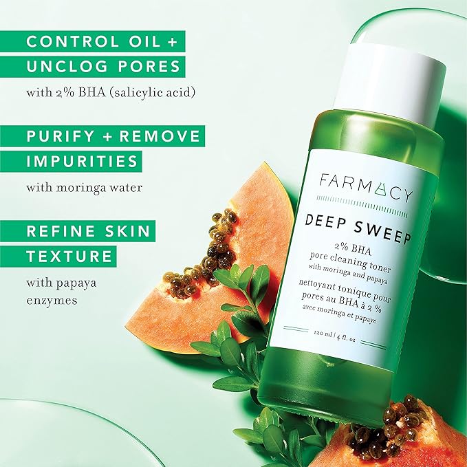 Farmacy 2% Salicylic Acid Toner for Face - Deep Sweep Gentle BHA Exfoliant for Oily Skin - Refines Texture with Papaya Enzymes &amp Moringa Water for a Healthy-Looking Complexion (120ml)