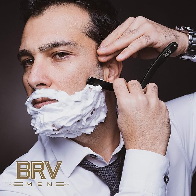 BRV MEN Professional Straight Edge Barber Razor w/ 100 Single Edge Razor Blades | Straight Razors for Men | Barbershop Accessories | Mens Shaving Knife &amp Shavette - Black