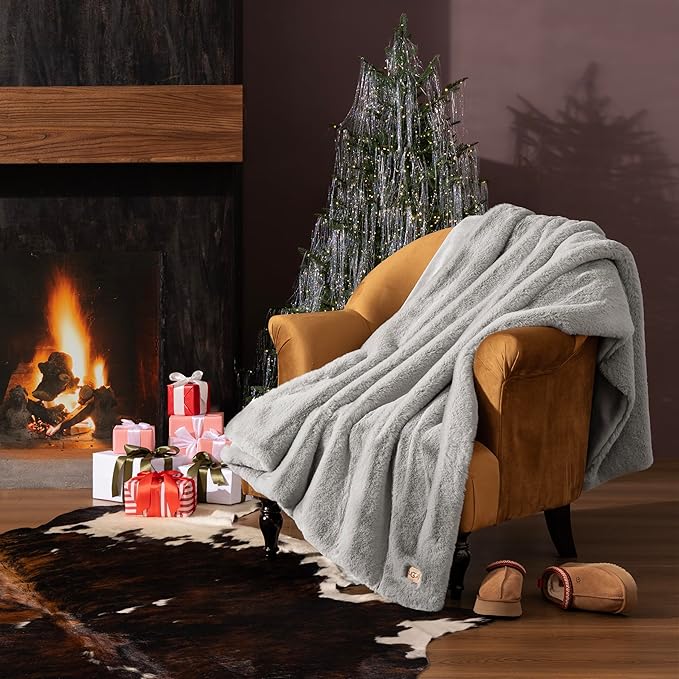 UGG Euphoria Plush Faux Fur Throw Blanket Oversized Warm Throw for Couch or Chair Luxury Bedroom Decor Christmas Cozy Blankets Machine Washable 50-inch x 70-inch Seal Grey