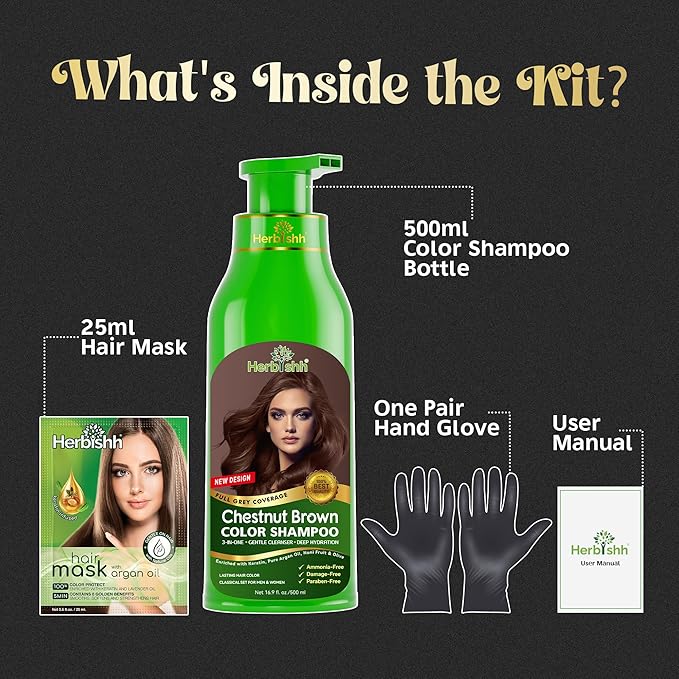 Herbishh Hair Color Shampoo for Gray Hair ? Natural Hair Dye Shampoo ? Colors Hair in Minutes ? Lasts Up To 3-4 Weeks ? 500 Ml ? 3-In-1 Hair Color ? Ammonia-Free | Herbishh (Chestnut Brown)