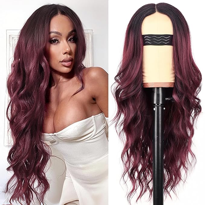AISI HAIR Wig for Women Long Red Wavy Lace Hairline Middle Part Synthetic Heat Resistant Wig for Daily Party-26 Inch