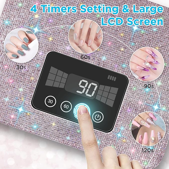 Aedavey Cordless UV Nail Lamp Rechargeable UV Light for Gel Nails LED Nail Lamp with 4 Timer Modes Gel Nail UV Light Decorate with Sparkling Nail Rhinestones