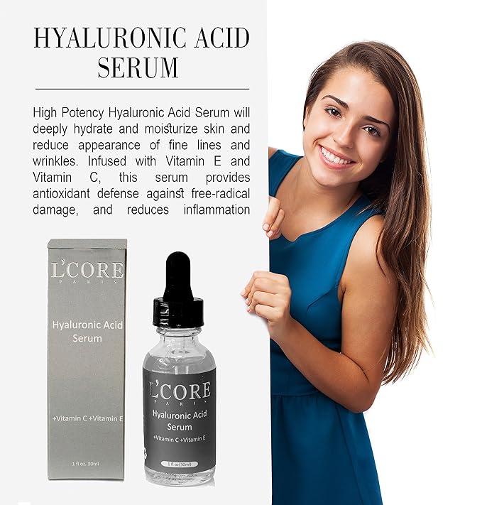 L'Core Paris Hyaluronic Acid Serum with Vitamin C &amp E - Absorbs Quickly for Maximum Skin Hydrating &amp Moisturizing Fights Acne Deep Wrinkles Redness Tightens Loose Skins - 30ml/1oz