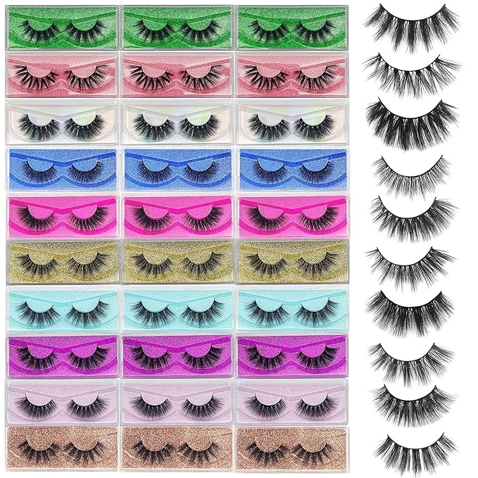 Lashes Bulk Christmas Gifts Mikiwi 30 Pack Eyelashes 12-20mm 5D Fake Mink Eyelashes Wholesale Fluffy Natural Volume Eye Lashes Individual Package Faux Mink Lashes Wholesale