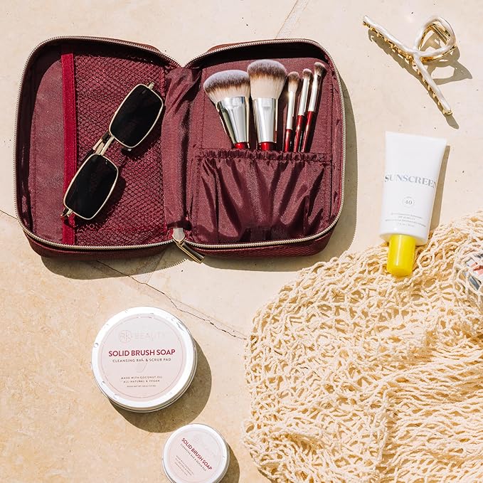 BK BEAUTY Travel Brush Set with Pouch 5-Piece Vegan Cruelty-Free Brushes for Face &amp Eyes | Lightweight Durable Makeup Brushes in Vegan Leather Pouch Perfect Travel-Size Makeup Brush Set