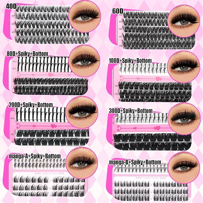 8 Styles Mix Lashes Clusters Kit 4 Box Cluster Lash Book Kit with Bond&ampSeal 1888Pcs 100D/200D/300D Volume Manga Eyelash Extension with Spikys/Bottom lash Kit for Beginners DIY at Home Easily