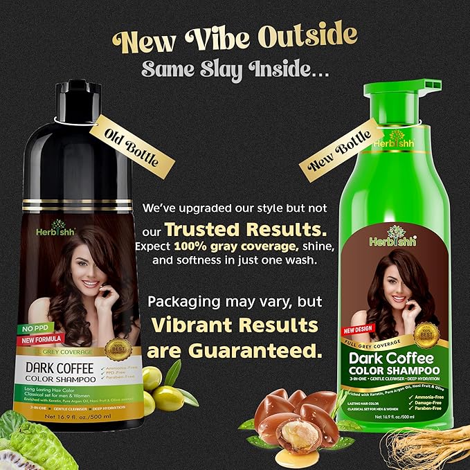 Herbishh Dark Coffee Hair Color Shampoo - 3-In-1 Magic Dye for Gray Hair 500 Ml + Essential Flower Hair Oil - Organic Formula for Dry Damaged Hair 60 ML