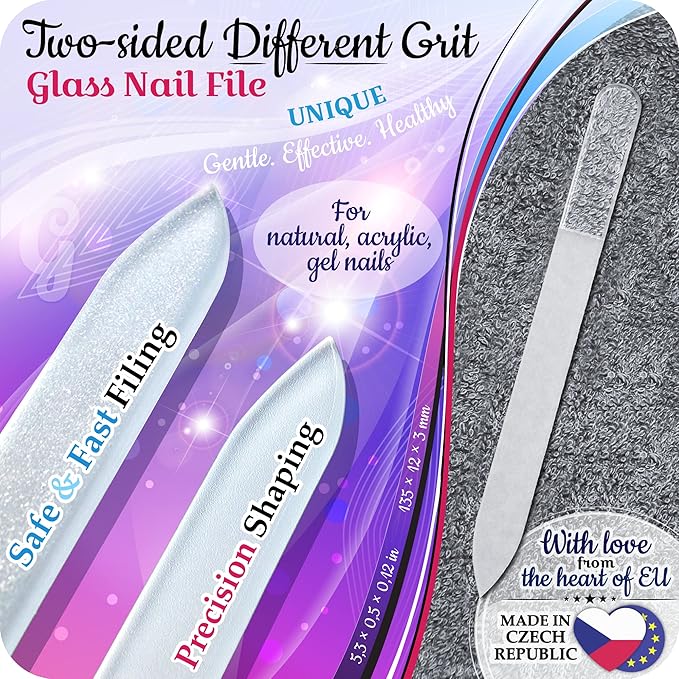 GLADZY Genuine Czech Glass Nail File Set - Callus Remover Foot Rasp Cuticle Pusher Manicure Stick Double Sided Etched Different Grit Surface Professional Nail Care Tool Made in EU
