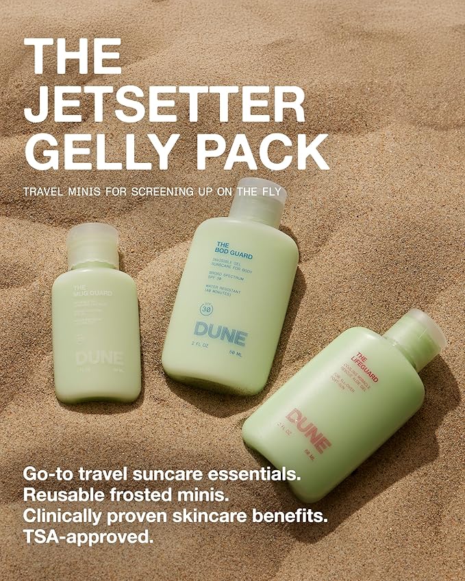 Jetsetter Gelly Mini Travel Sunscreen Kit - 72-Hour Hydration Fine Line Redness Reduction Moisturising Face and Body Sunscreen - Travel SPF Kit w/Aloe Rescue Gel for Tan Relief (2 Fl Oz Each)