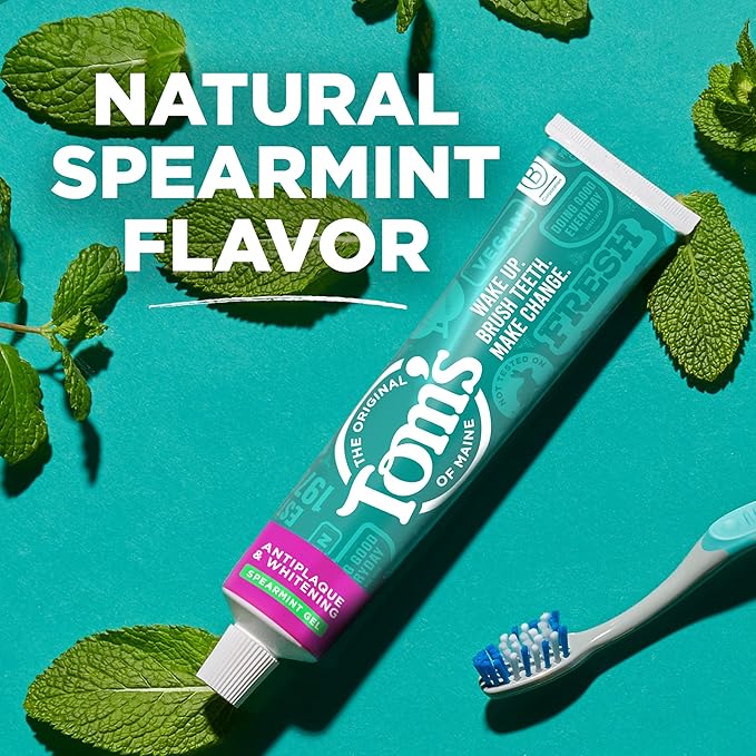 Tom's of Maine Antiplaque and Whitening Fluoride Free Natural Toothpaste Gel Vegan Spearmint 4 Ounces (3 Pack)