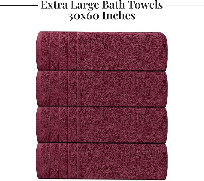 Tens Towels Pack of 4 Extra Large Bath Towels 30 x 60 Inches 100% Cotton Larger &amp Lighter Weight Quicker to Dry Super Soft and Absorbent Perfect for Bathroom Burgundy