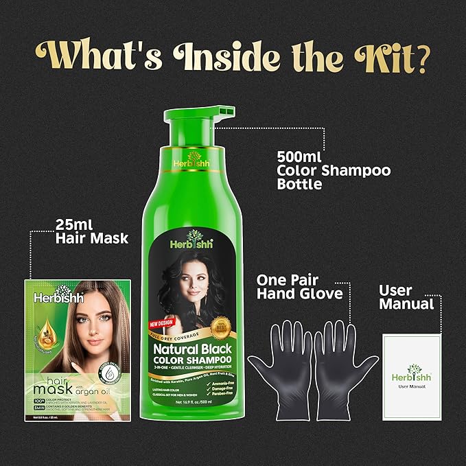 Herbishh Hair Color Shampoo for Gray Hair ? Natural Hair Dye Shampoo ? Colors Hair in Minutes ? Lasts Up To 3-4 Weeks ? 500ML ? 3-In-1 Hair Color ? Colors Cleanses and Conditions (Black)