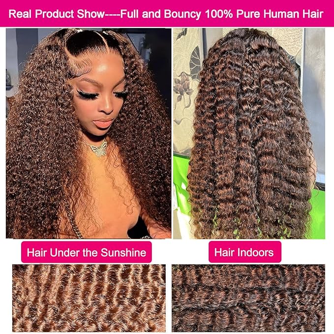 32Inch 220% Density 13x6 Deep Wave Lace Front Wigs Human Hair Chocolate Brown HD Lace Front Wigs Human Hair Pre Plucked Deep Curly Lace Frontal Wigs for Women 100% Unprocessed Brazilian Virgin Hair