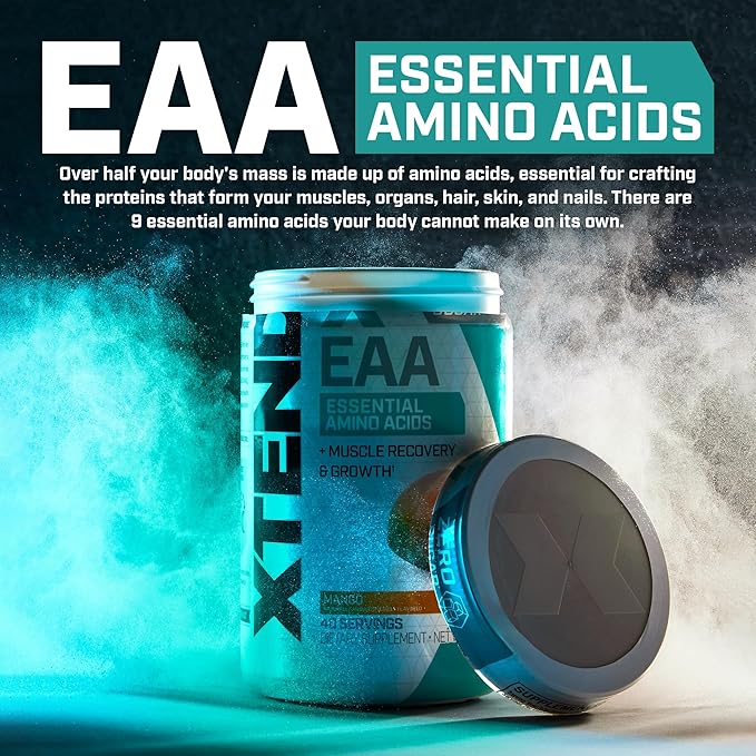 Xtend Scivation EAA + BCAA Powder | Muscle Recovery &amp Lean Muscle Growth | 9 Essential Amino Acids for Intra Workout or Post Workout Recovery | 10g EAAs Per 2 Servings | Mango 40 Servings