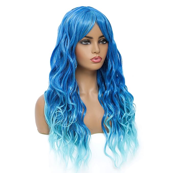 SWACC Long Curly Wavy Wig with Bangs Synthetic Hair Wig for Women with Wig Cap (Teal Blue Ombre)