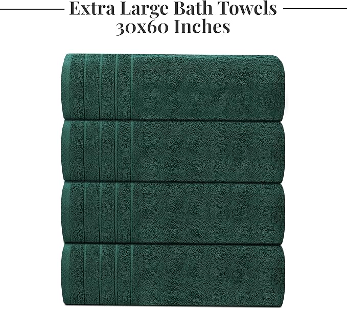 Tens Towels Pack of 4 Extra Large Bath Towels 30 x 60 Inches 100% Cotton Larger &amp Lighter Weight Quicker to Dry Super Soft and Absorbent Perfect for Bathroom Hunter Green