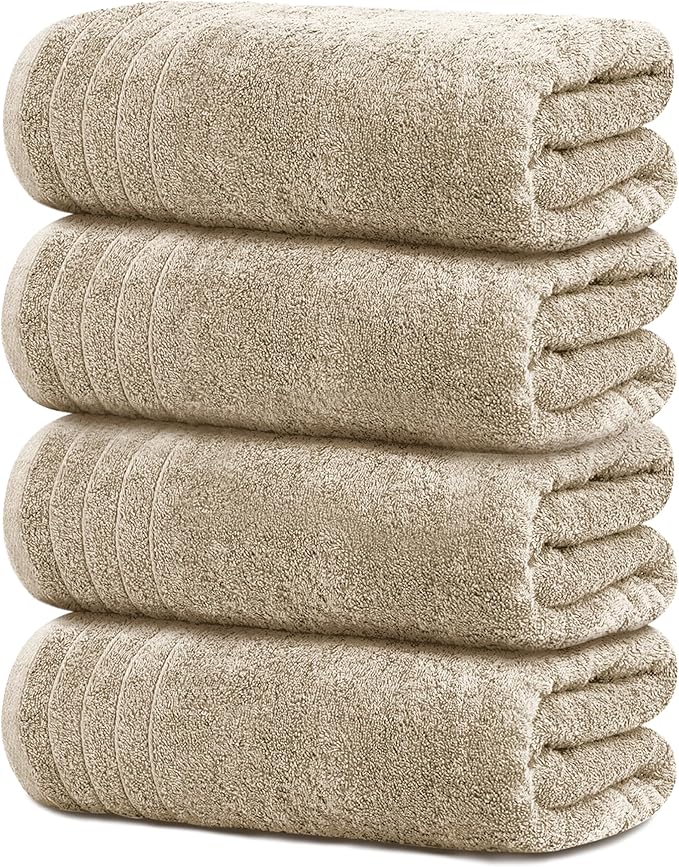Tens Towels Pack of 4 Extra Large Bath Towels 30 x 60 Inches 100% Cotton Larger &amp Lighter Weight Quicker to Dry Super Soft and Absorbent Perfect for Bathroom Beige