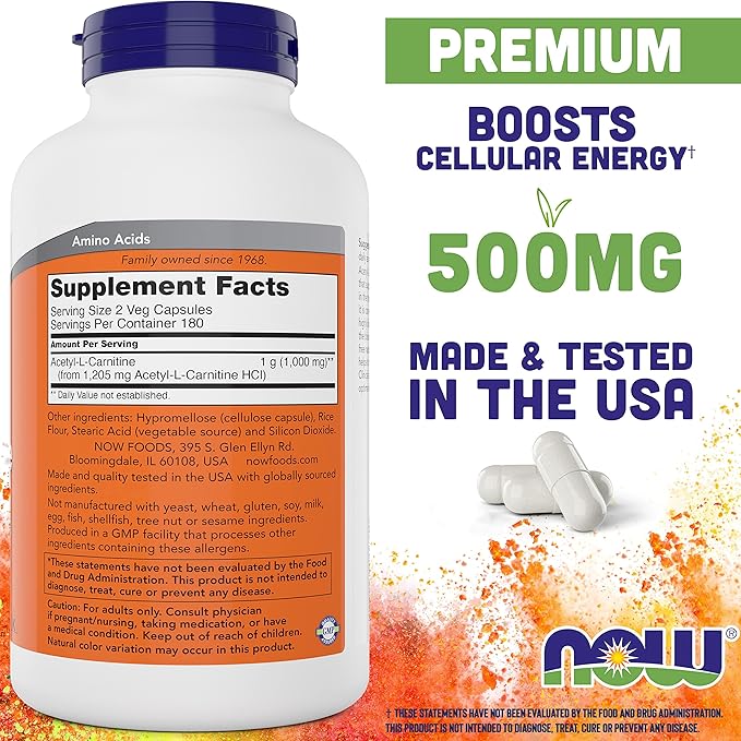 NOW Foods Now Acetyl L Carnitine 500mg 360 Veg Capsules - Non-GMO ACL 500 mg Caps