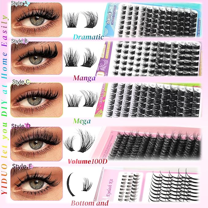Lash Clusters Kit 6 Styles Bulk Packs Eyelash Extensions Volume/Manga/ultra/Dramatic with pikes Bottom Lashes Clusters Kit 5-20mm Wispy D Curl Individual Fake Eyelashes Kit DIY at Home Easily