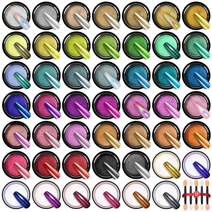 SAVILAND Chrome Nail Powder Set: 48 Colors Metallic Mirror Effect Chrome Nail Powder for Gel Polish Aurora Holographic Silver Gold Nail Chrome Powder for Gel Nails Art Decoration &amp French Manicure