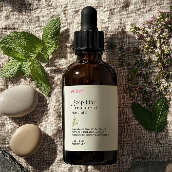 Ellovi Deep Hair Treatment Oil ? 100% Natural Leave-In Hair Repair for Growth &amp Hydration ? Castor Jojoba Almond &amp Rosemary Oils ? Cold-Pressed Oils Vegan. Frizz Control for All Hair Types