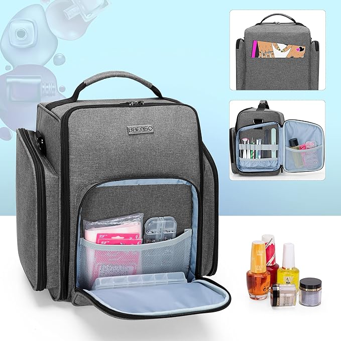 BAFASO Nail Polish Organizer Holds 72 Bottles (15ml - 0.5 fl.oz) Large Nail Polish Case with 3 Removable Pouches and Multiple Storage Sections (Patented Design) Gray