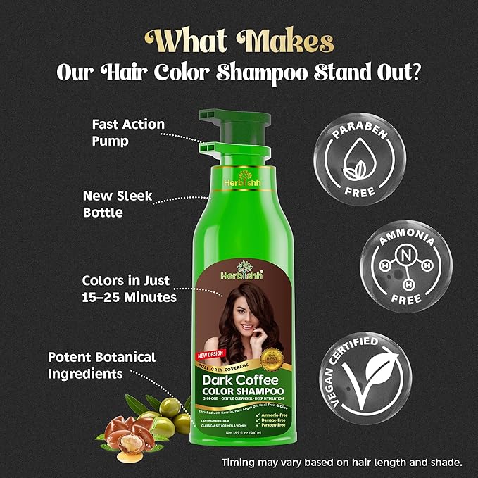 Herbishh Dark Coffee Hair Color Shampoo - 3-In-1 Magic Dye for Gray Hair 500 Ml + Essential Flower Hair Oil - Organic Formula for Dry Damaged Hair 60 ML