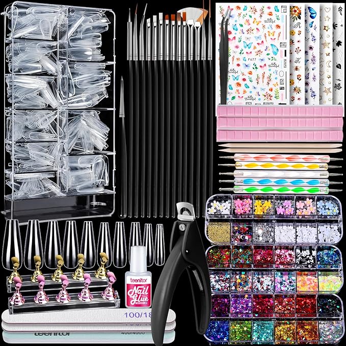 Teenitor Press On Nail Kit - Clear Coffin Nail Tips Art Brushes Dotting Pen Glitter Stickers &amp Rhinestones