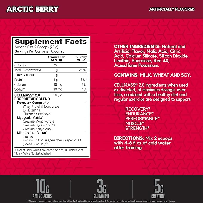 BSN CELLMASS 2.0 Post Workout Recovery with BCAA Creatine &amp Glutamine - Keto Friendly - Arctic Berry (25 Servings) (1048058)