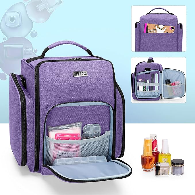 BAFASO Nail Polish Organizer Holds 72 Bottles (15ml - 0.5 fl.oz) Large Nail Polish Case with 3 Removable Pouches and Multiple Storage Sections (Patented Design) Purple