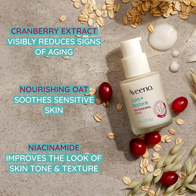 Aveeno Calm + Restore Age Renewal Anti-Wrinkle Face Serum Anti Aging Serum with Nourishing Oat &amp Cranberry Extract Visibly Improves the Look of Fine Lines Fragrance Free 1.0 fl. Oz