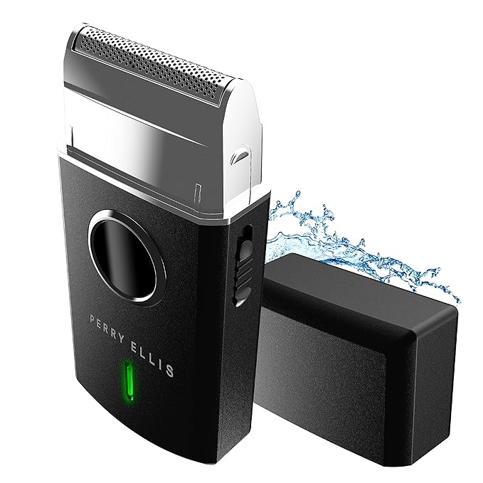 Perry Ellis Travel Electric Shaver Face Shaver for Mustache and Beard Stubble Rechargeable and Water-Resistant Foil Shaver 2 1/2-Hour Battery Capacity Black Silver